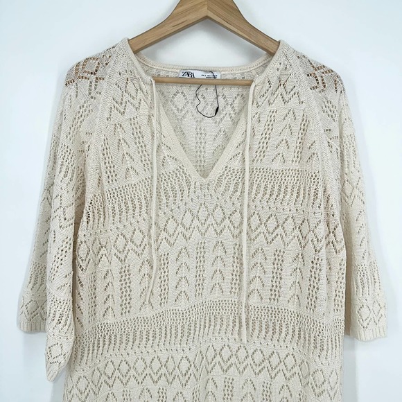 ZARA Crochet Maxi Dress Sheer Open Knit Long Sleeve Beach Cover Up Dress, Cream - Picture 7 of 14